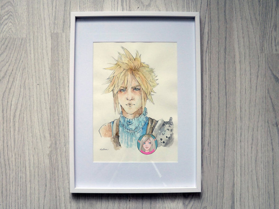 ORIGINAL PAINTING Watercolour portrait Cloud Strife FFVII